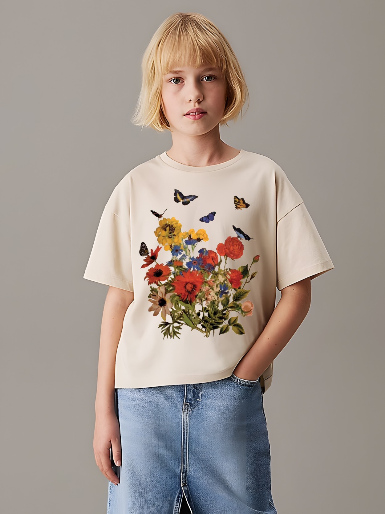 Çocuk Flowers Baskılı Pamuklu Tshirt