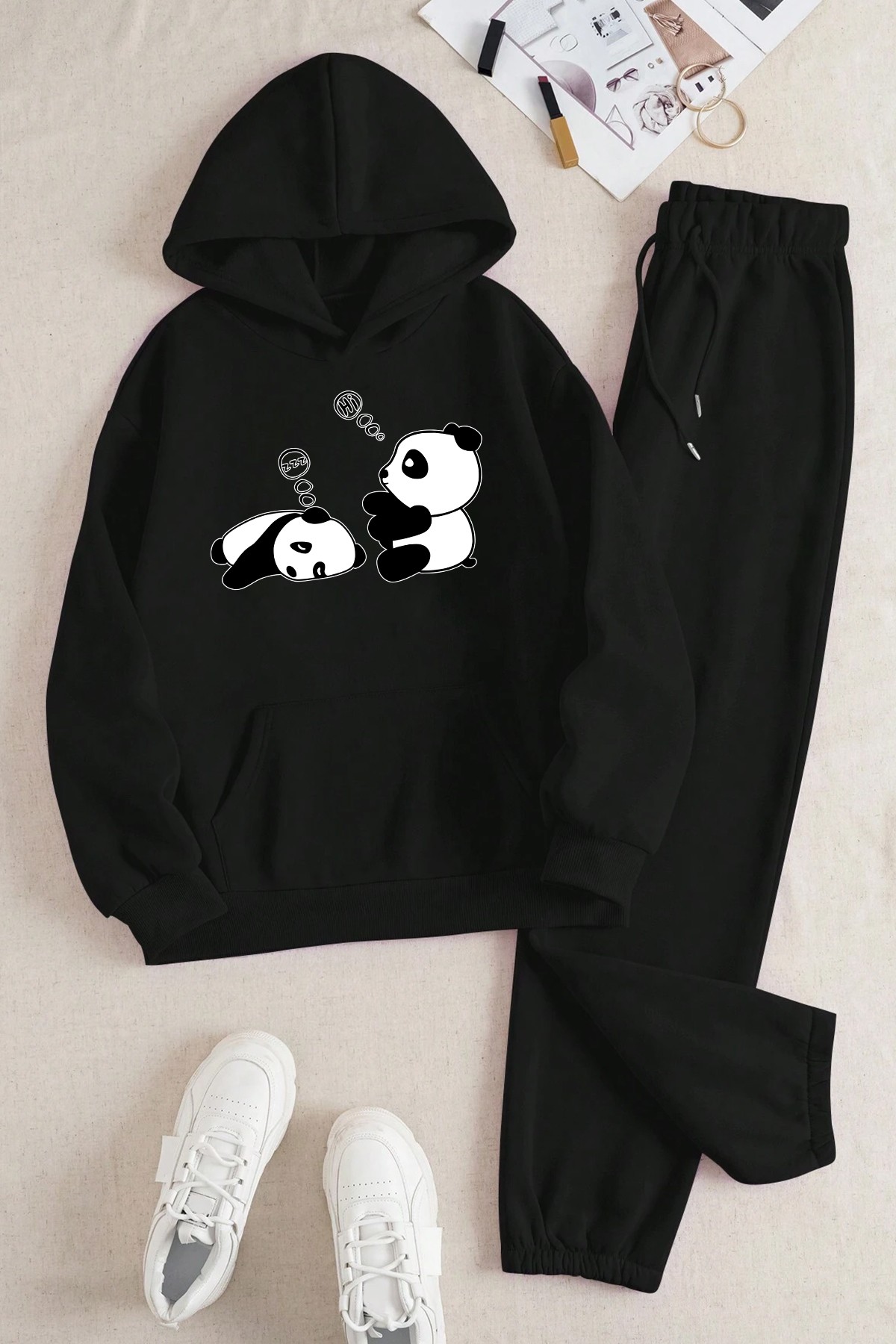 Unisex Uykucu Panda Baskılı Rahat Eşofman Takımı