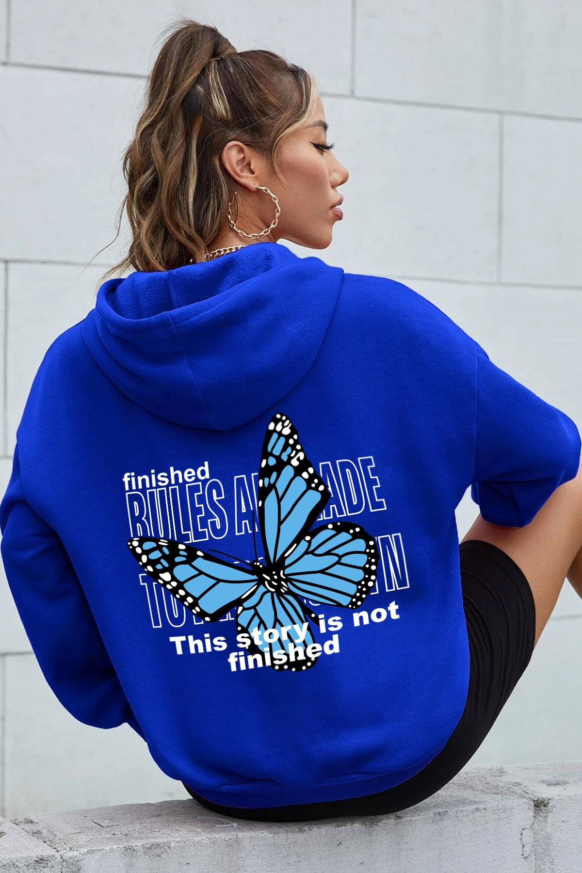 Unisex Blues Butterfly Baskılı Oversize Sweatshirt