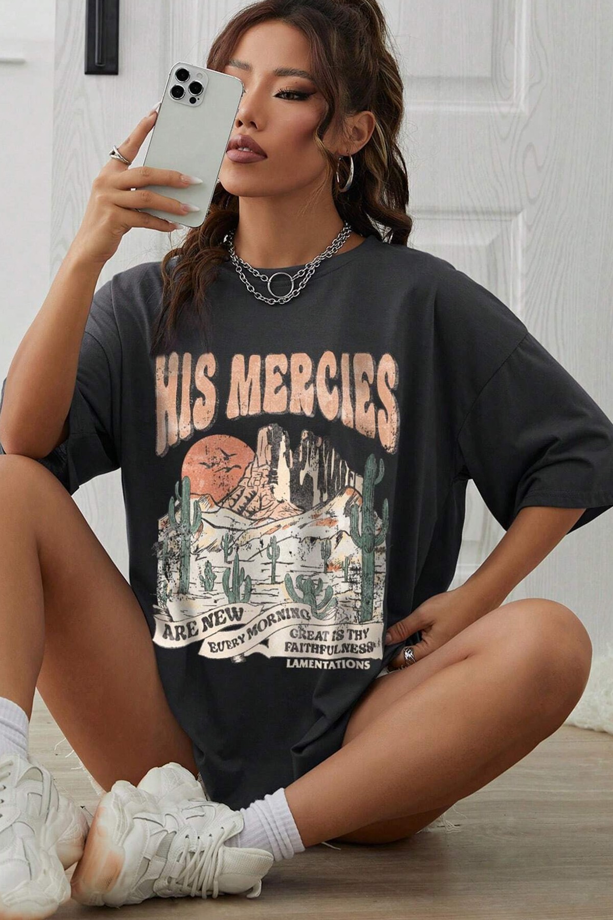 Unisex His Mercies Baskılı Oversize Tshirt