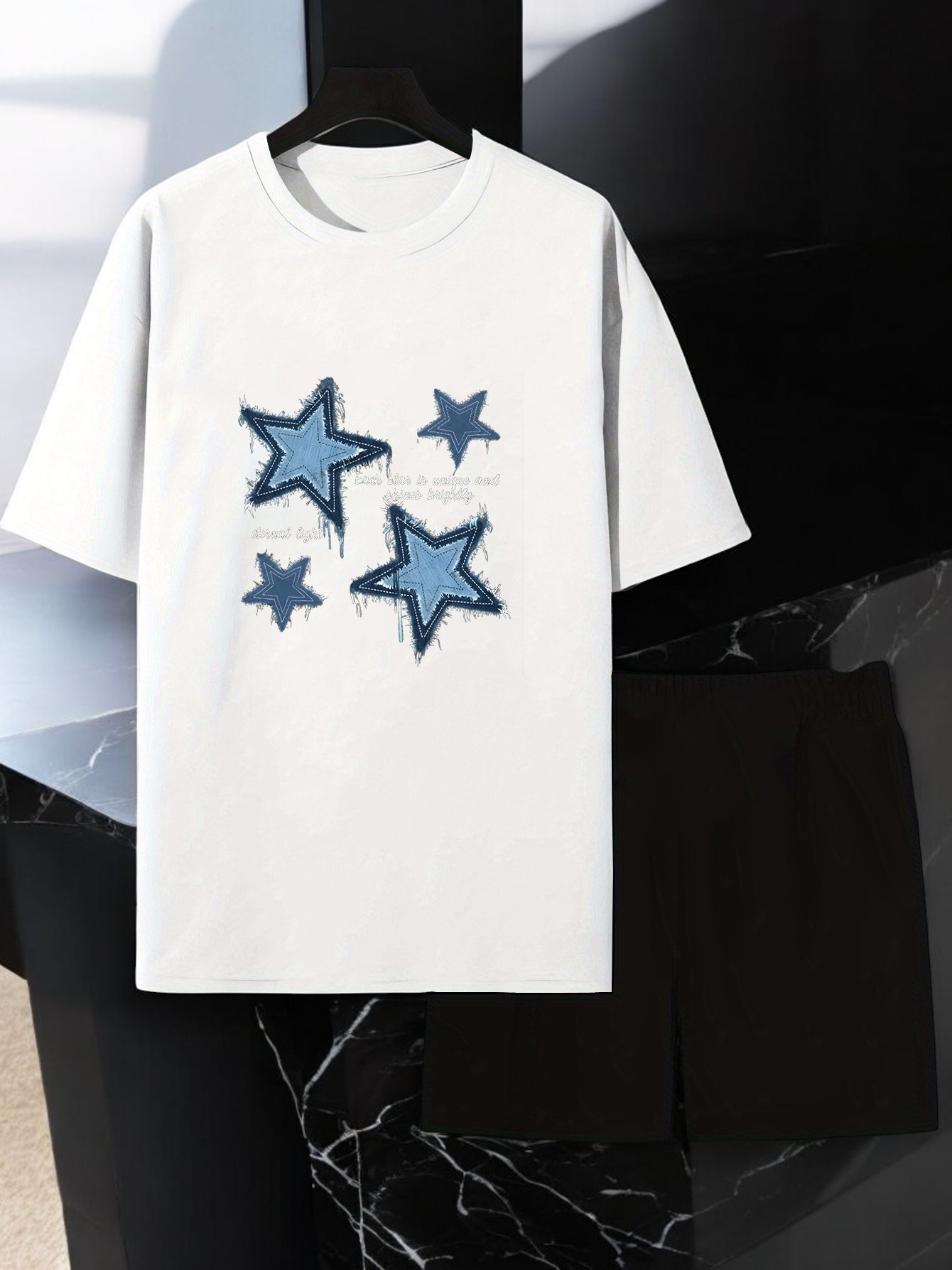 Unisex Yıldızlar Tasarım Basklı Tshirt Şort Takımı