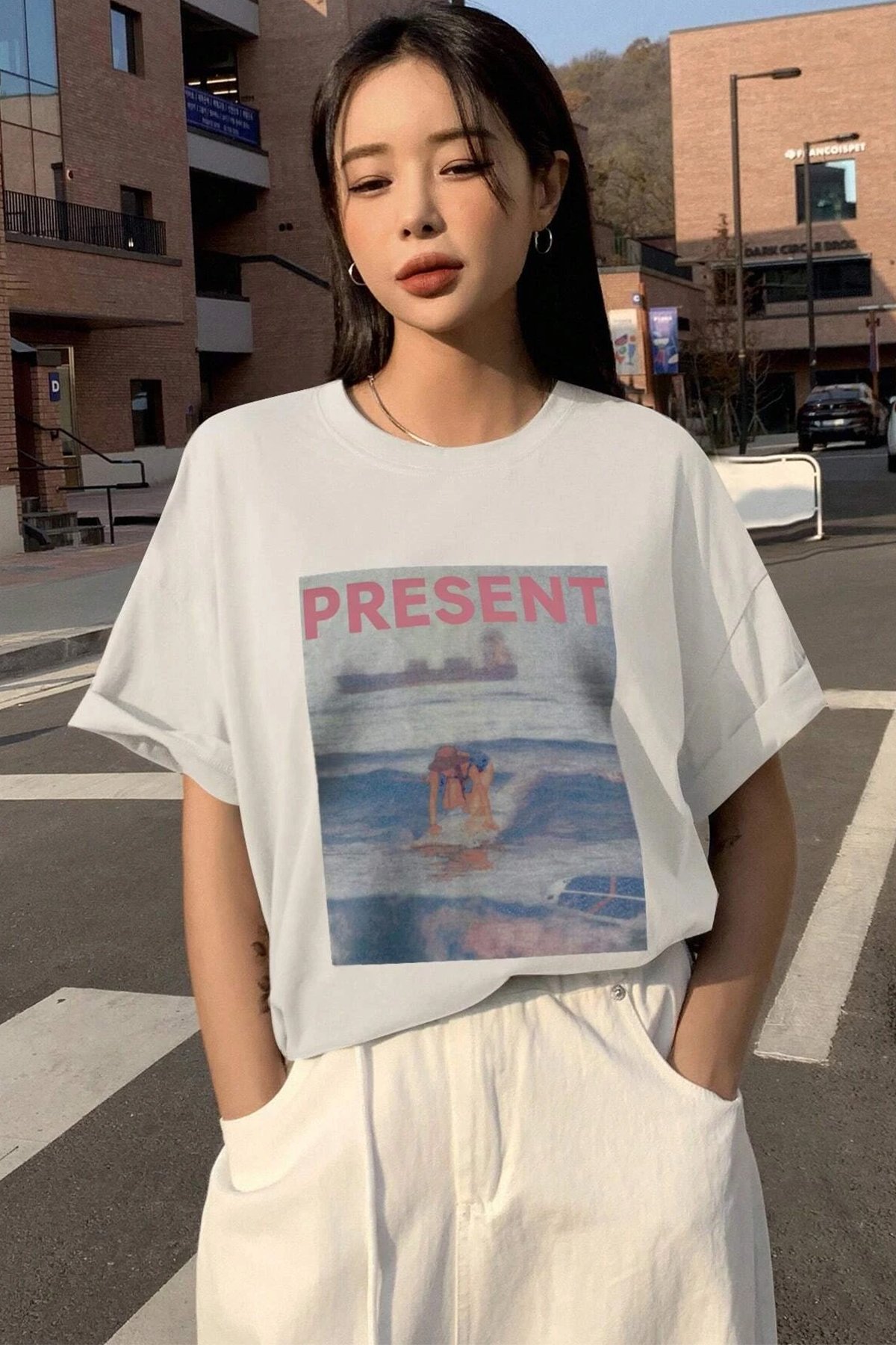 Unisex Present Baskılı Oversize Tshirt