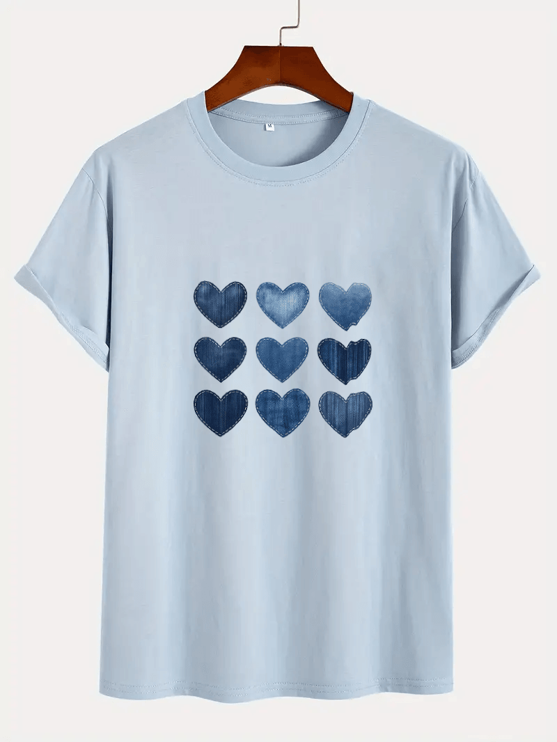 Unisex Jean Desenli Kalp Tasarım Basklı Tshirt