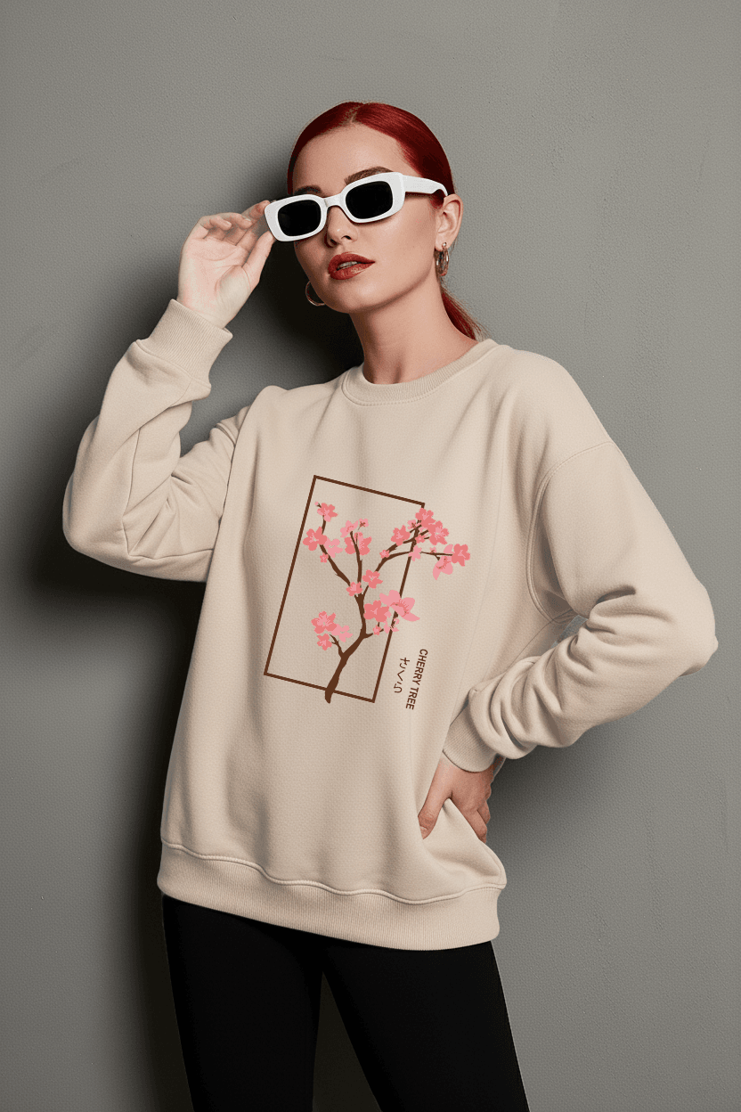 Unisex Cherry Tree Baskılı Oversize Bisiklet Yaka Sweatshirt