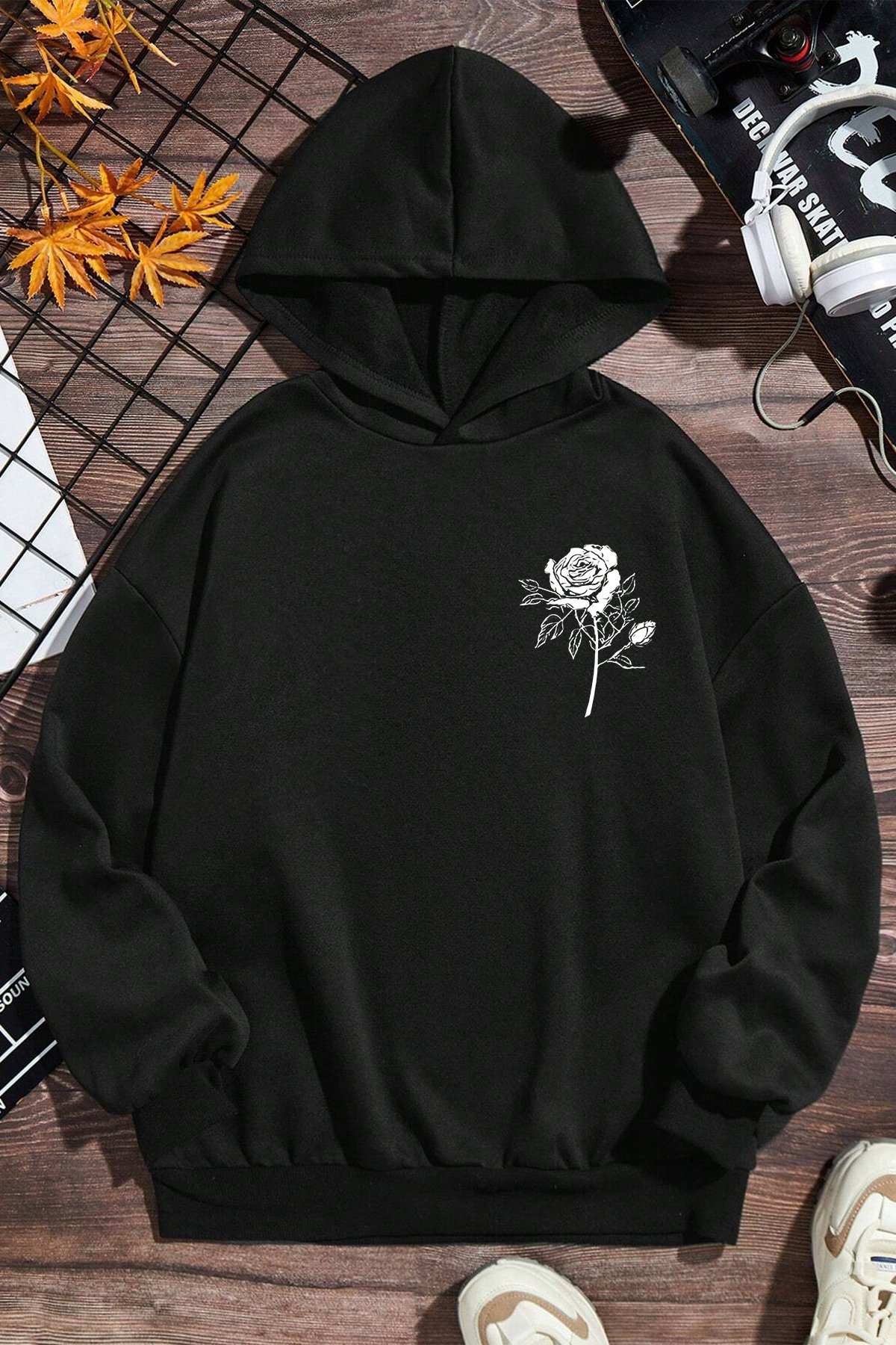 White Rose Baskılı Erkek - Kız Çocuk Rahat Kalıp Sweatshirt