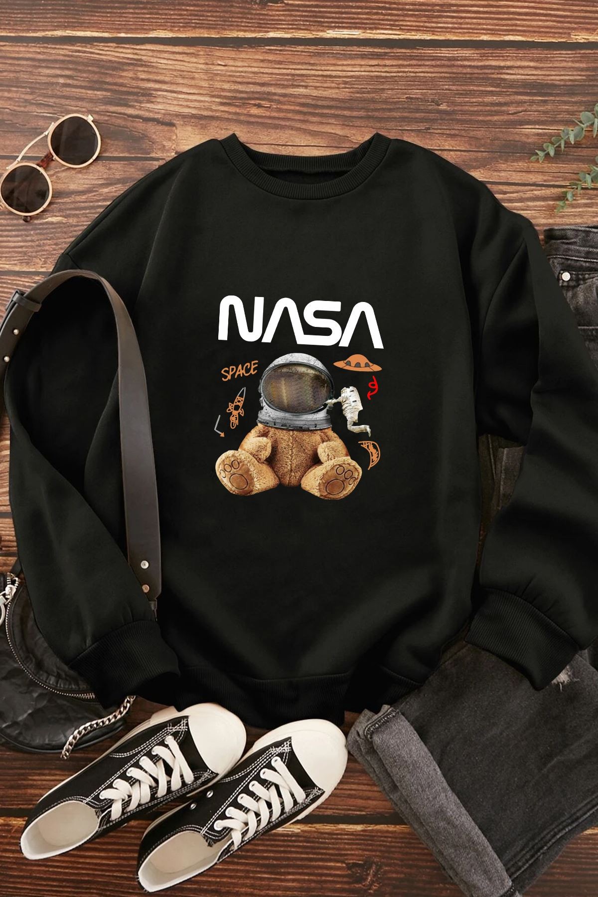 Unisex Nasa Baskılı Bisiklet Yaka Sweatshirt