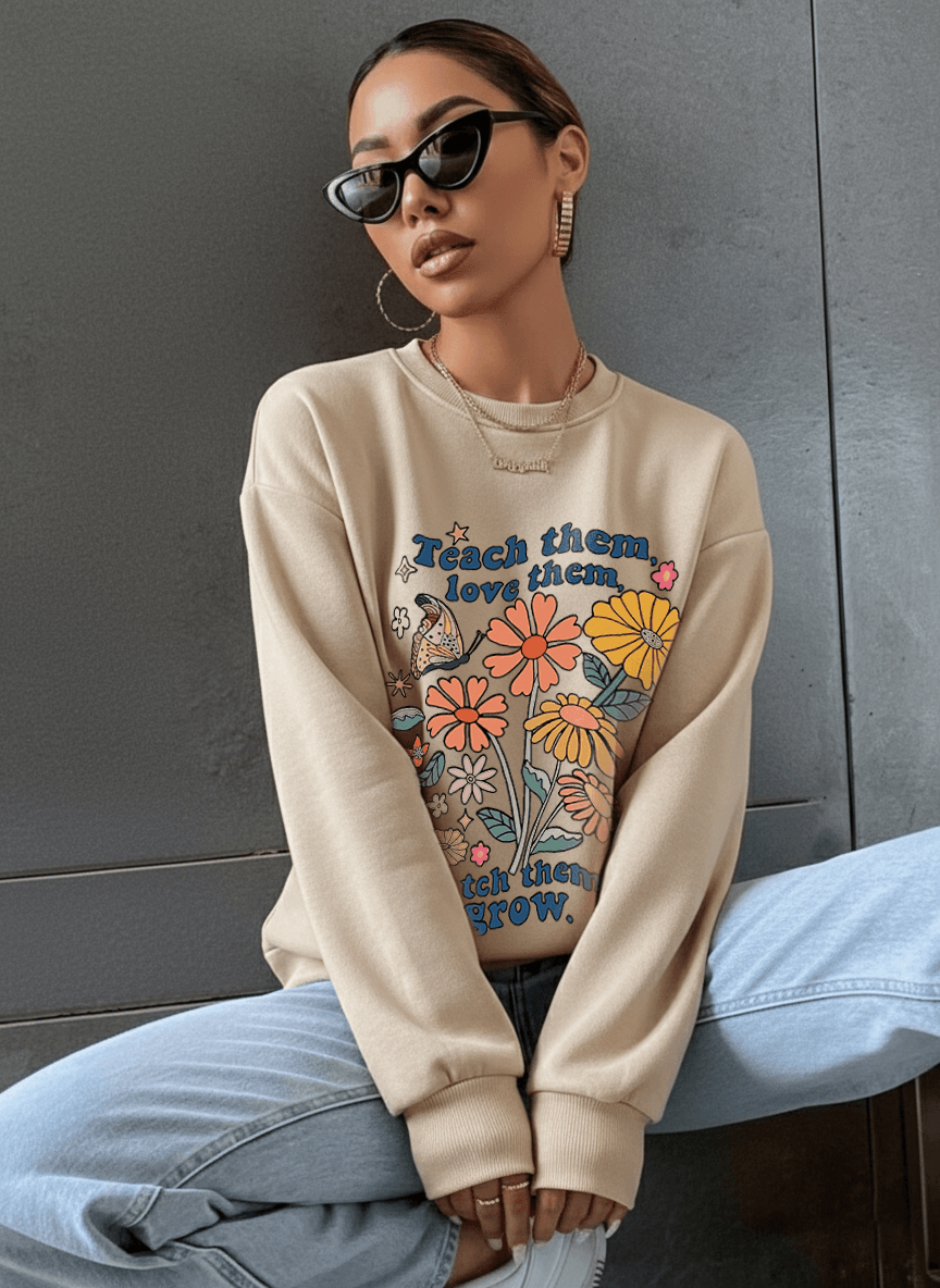 Unisex Teach them love them Baskılı Oversize Bisiklet Yaka Sweatshirt