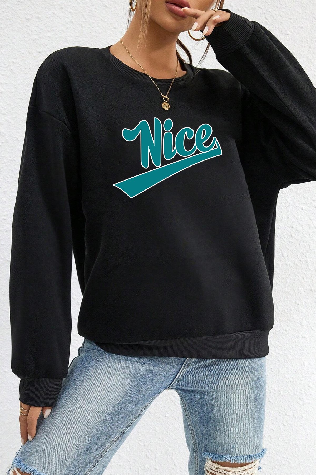 Unisex Nice Baskılı Bisiklet Yaka Sweatshirt