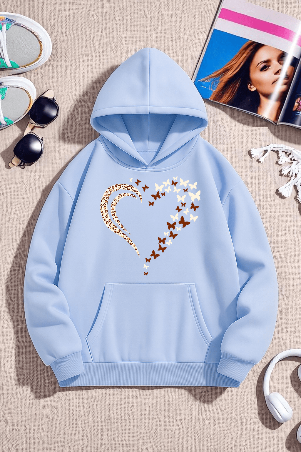 Unisex Leopar Kalp Desenli Baskılı Oversize Sweatshirt