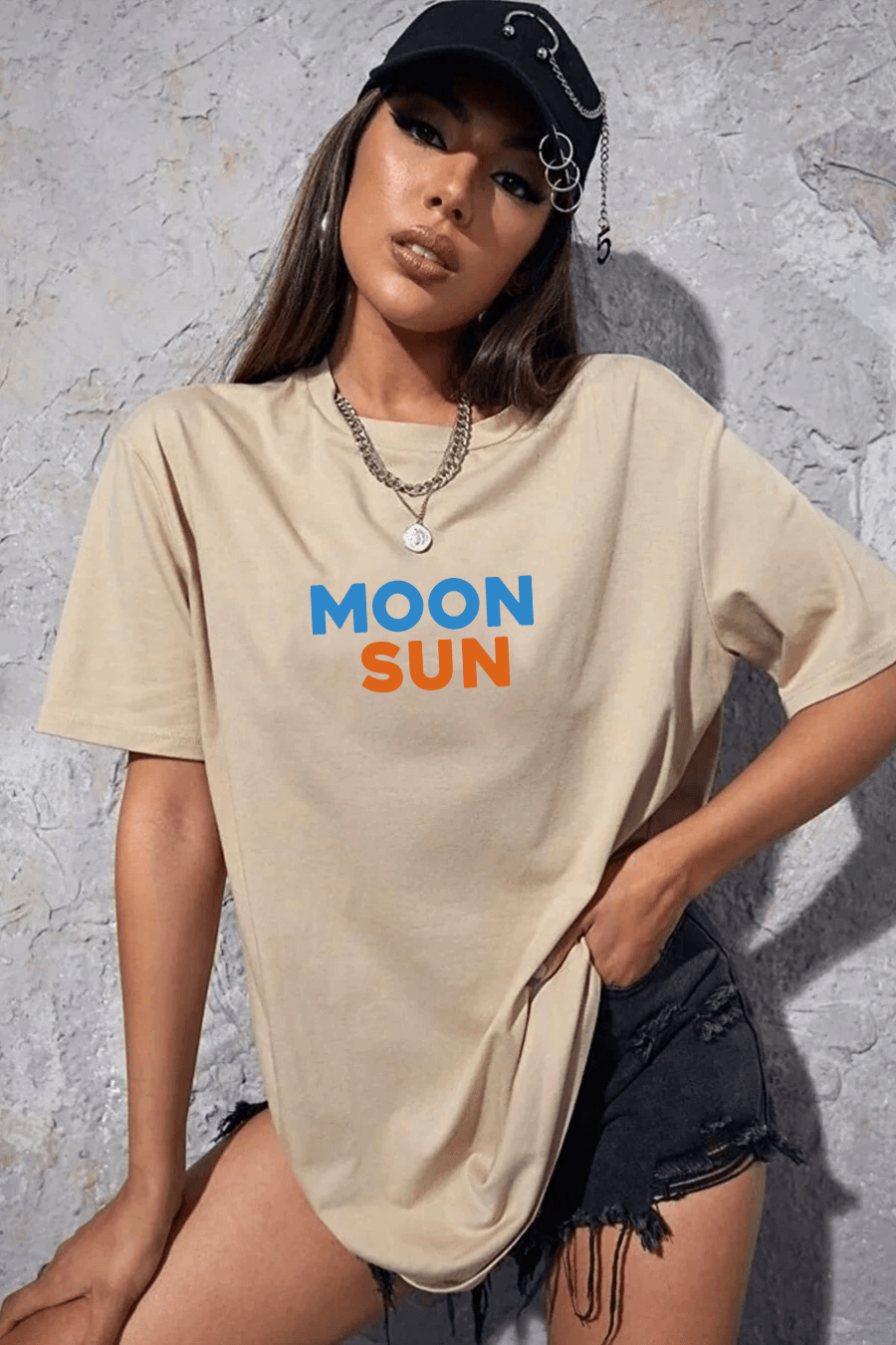 Unisex Ay ve Güneş Temalı Baskılı Tasarım Tshirt