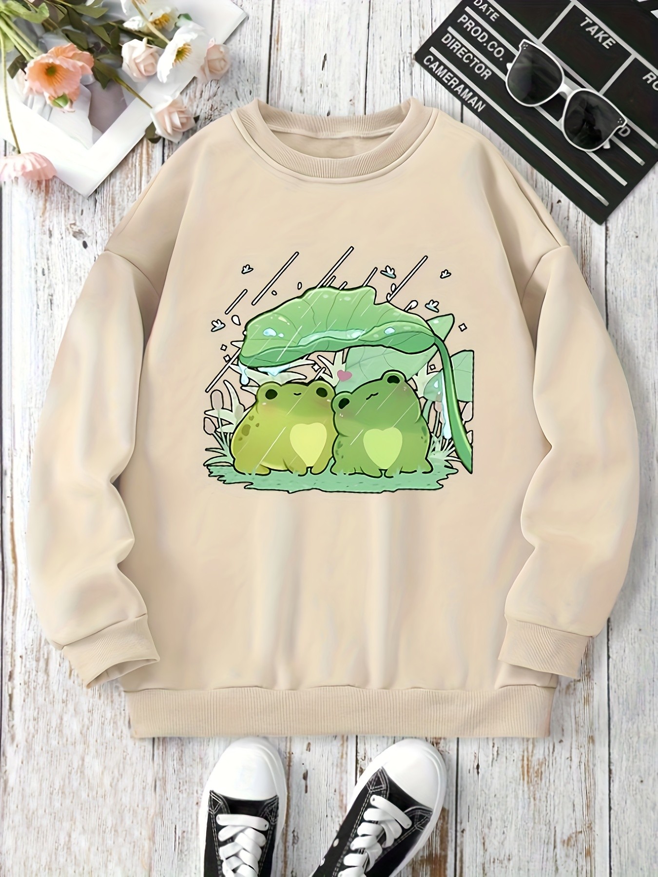 Unisex Sevimli Kurbagalar Baskılı Oversize Sweatshirt
