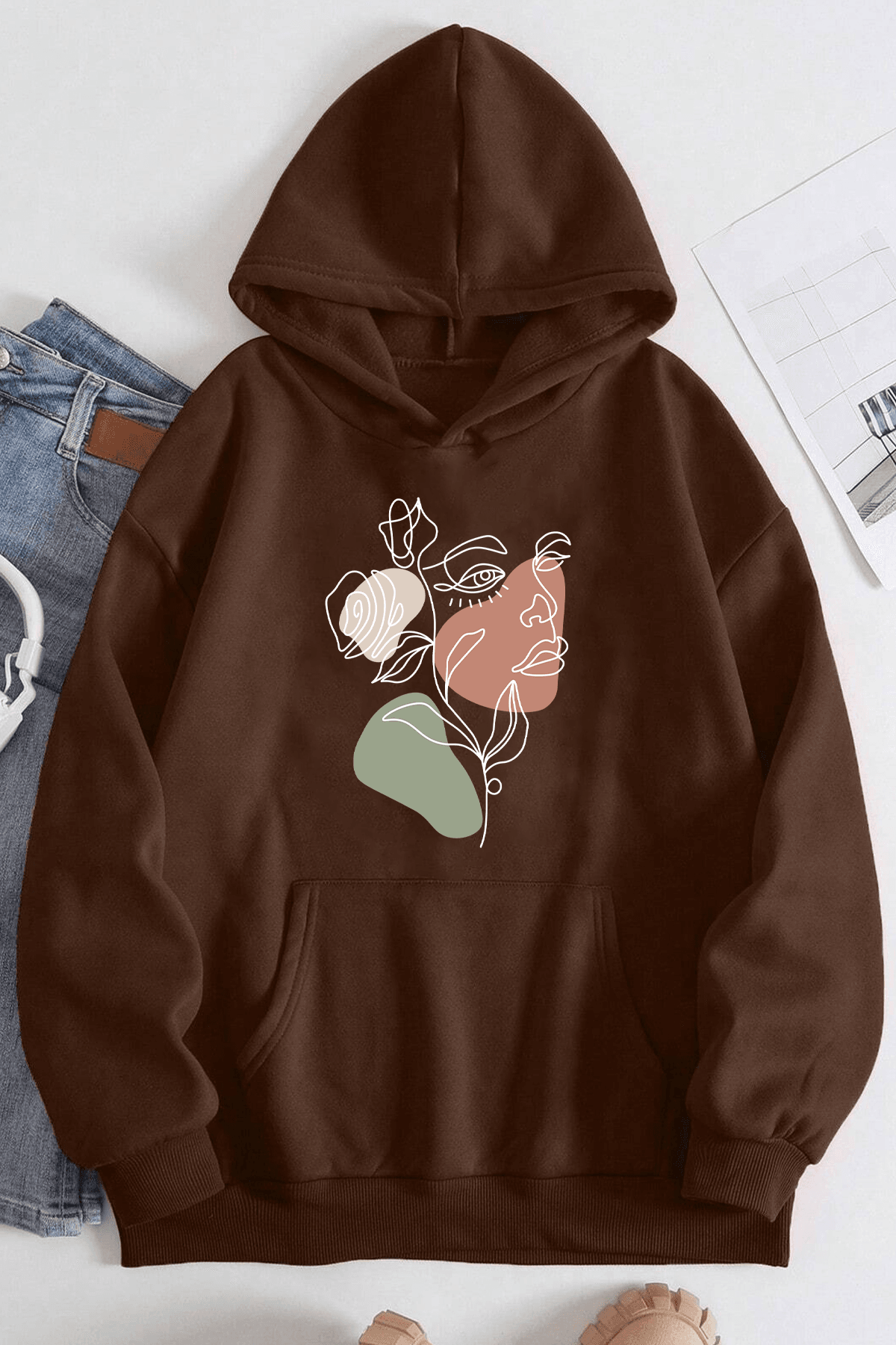 Unisex Portrait & Flower Baskılı Oversize Sweatshirt