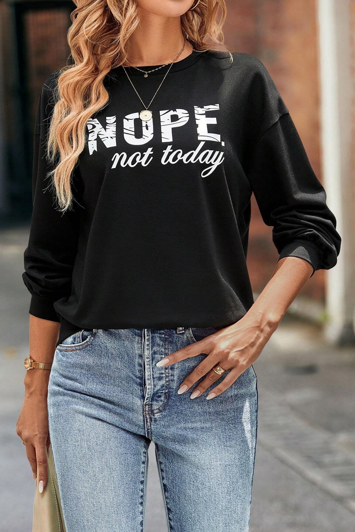 Unisex NOPE Baskılı Bisiklet Yaka Sweatshirt