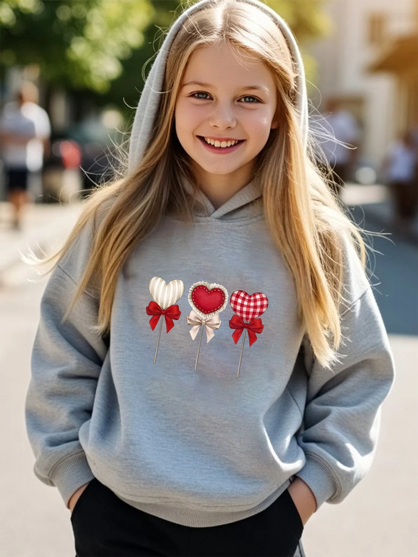 Lolipop Desenli Kalp Baskılı Oversize Çocuk Sweatshirt