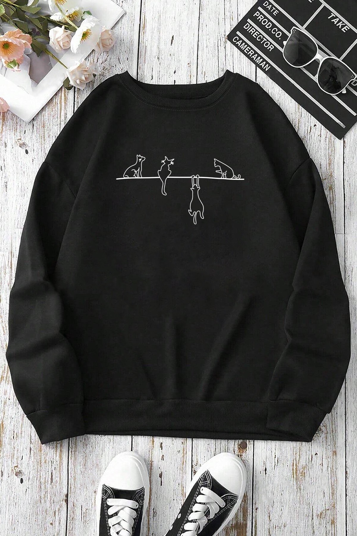 Yaramaz Kedi Baskılı Oversize Sweatshirt