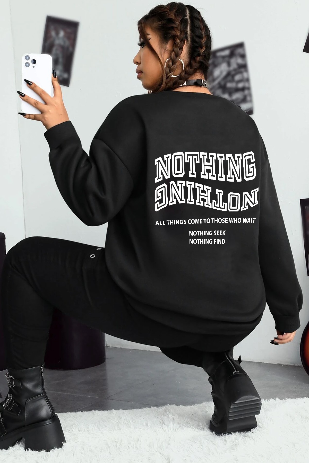 Unisex Nothing Baskılı Bisiklet Yaka Sweatshirt