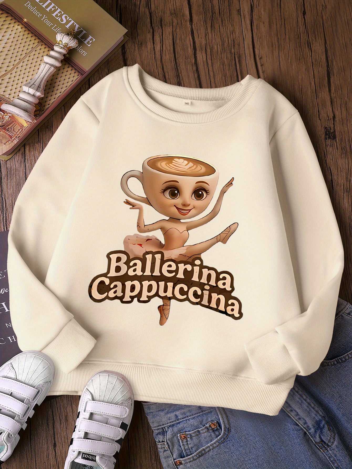 Unisex Ballerina Cappucina Baskılı Oversize Bisiklet Yaka Sweatshirt