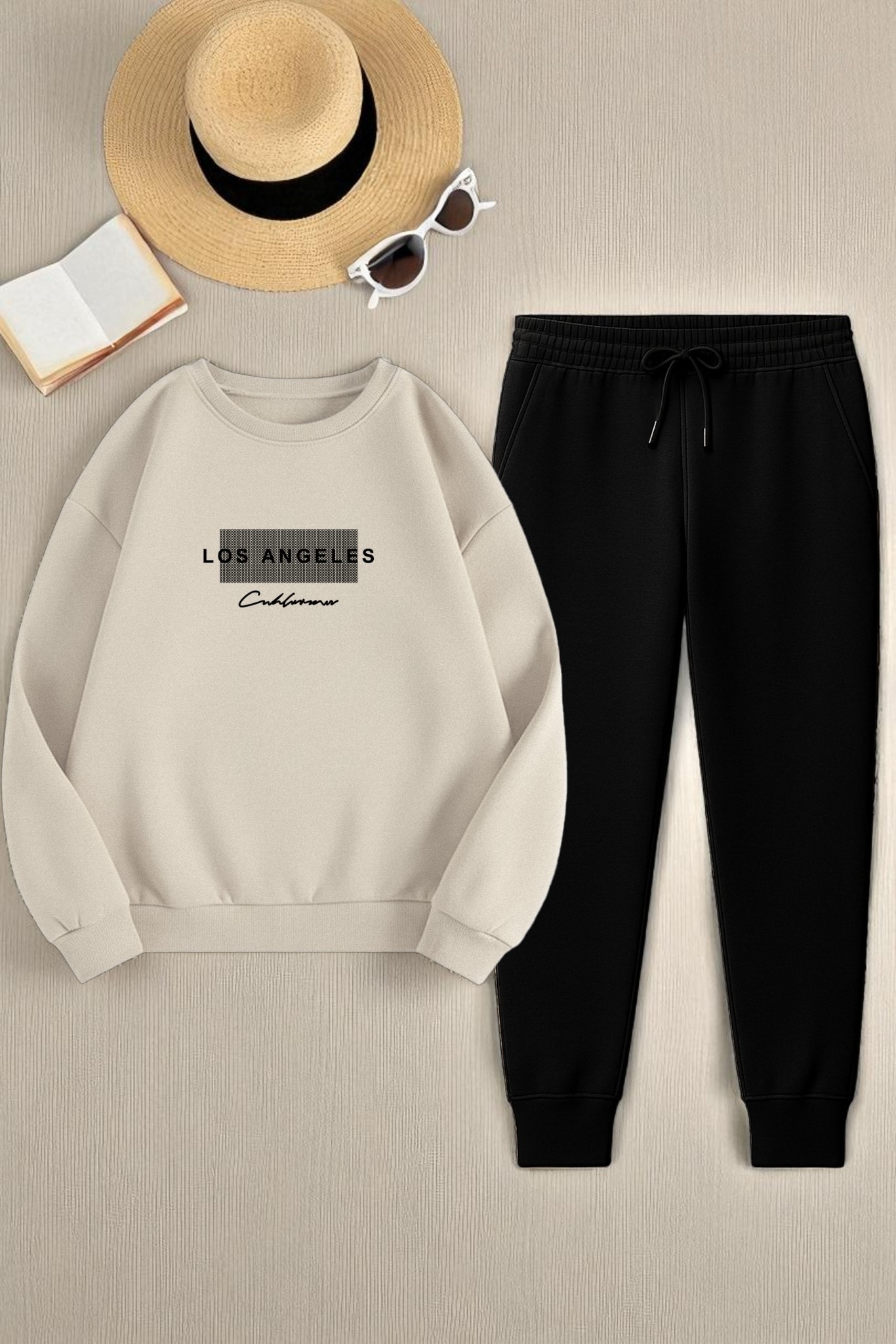 Unisex Los Angeles Baskılı Oversize Bisiklet Yaka Sweatshirt
