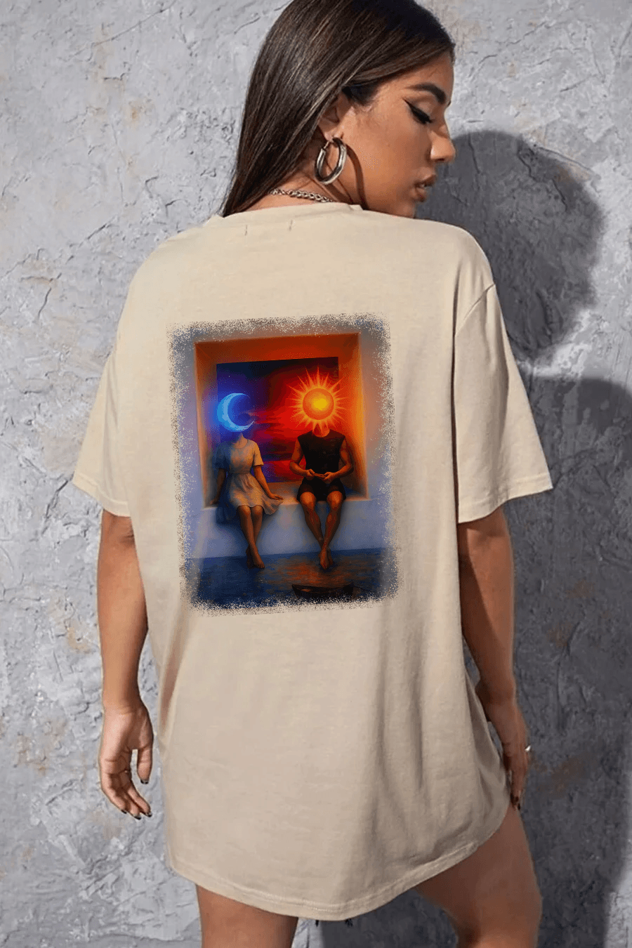 Unisex Ay ve Güneş Temalı Baskılı Tasarım Tshirt