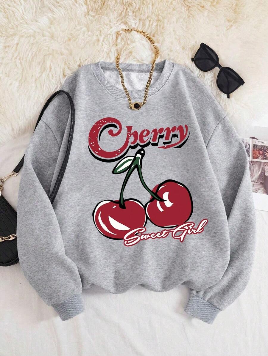 Unisex Sweet Girl Cherry Baskılı Oversize Sweatshirt