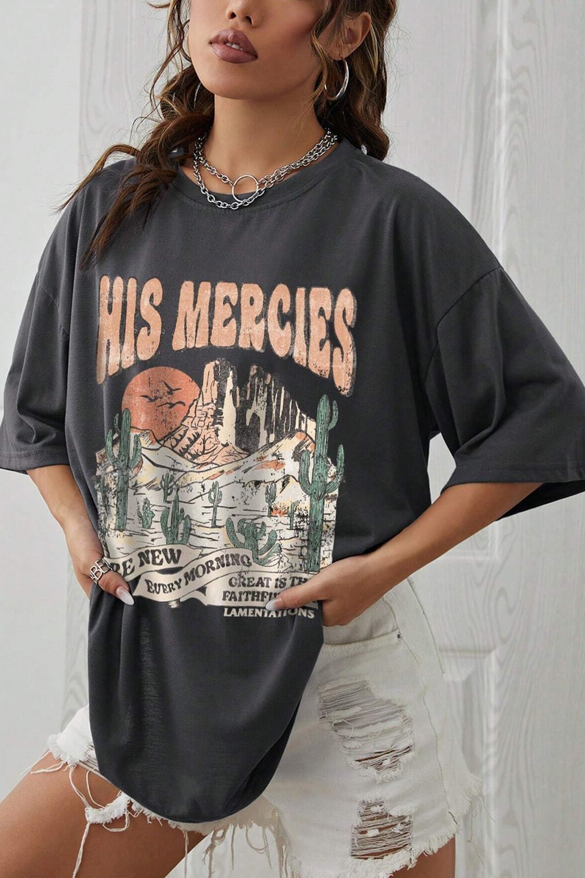 Unisex His Mercies Baskılı Oversize Tshirt