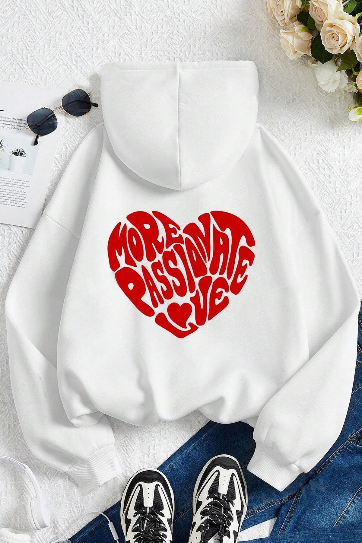 More Love Baskılı Pamuklu Oversize Sweatshirt