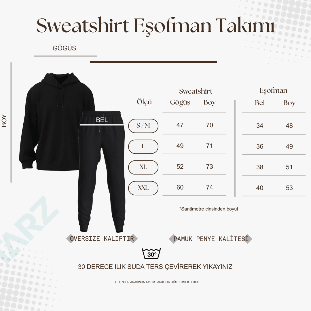 Unisex Papatya Happy Baskılı Tasarım Oversize Sweatshirt Eşofman Takım