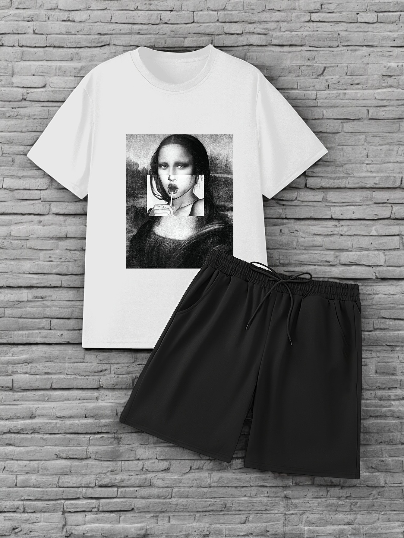 Unisex Mona Lisa Baskılı Tasarım Şort Takım