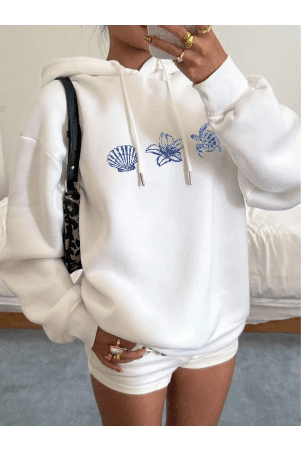 Unisex Deniz Istiridye Baskılı Tasarım Oversize Sweatshirt
