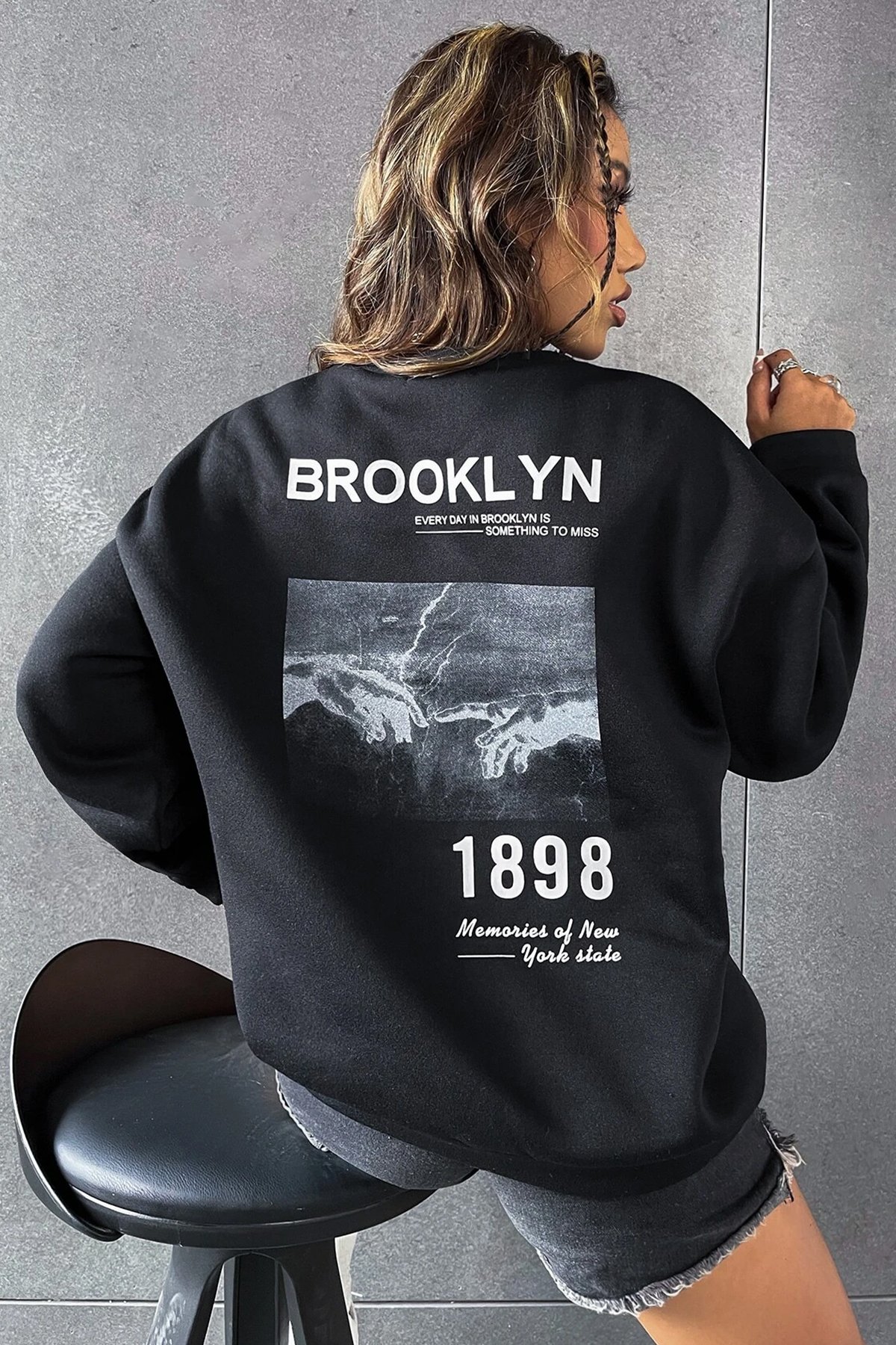 Unisex 1898 Baskılı Bisiklet Yaka Sweatshirt