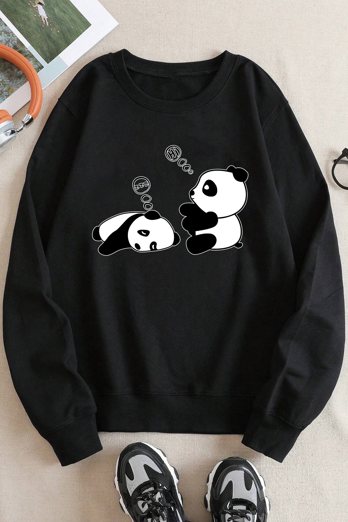 Unisex Uykucu Panda Baskılı Bisiklet Yaka Sweatshirt