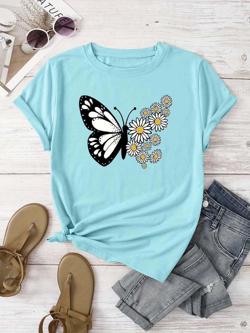 Pamuklu Papatya Kelebek Tasarım Tshirt