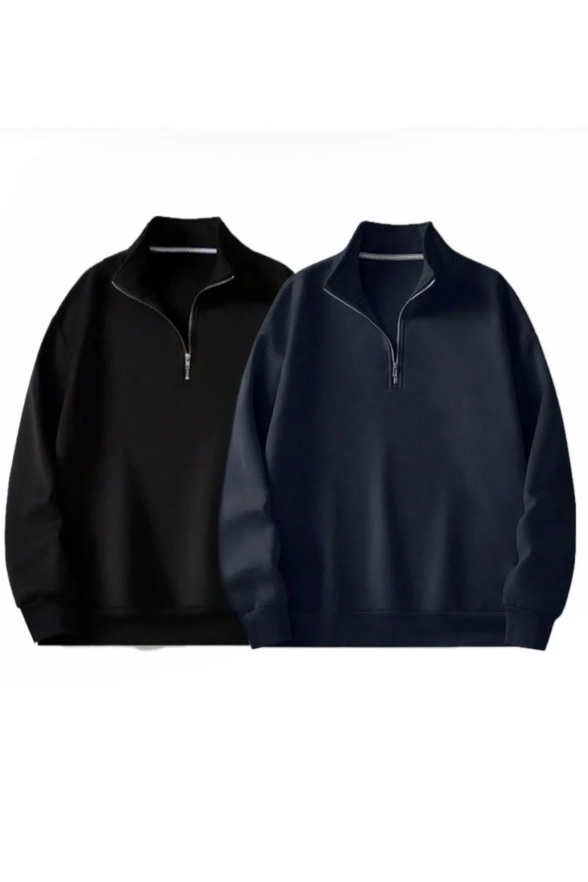 2'Lİ Paket Dik Yaka Yarım Fermuarlı Düz Kazak Sweatshirt
