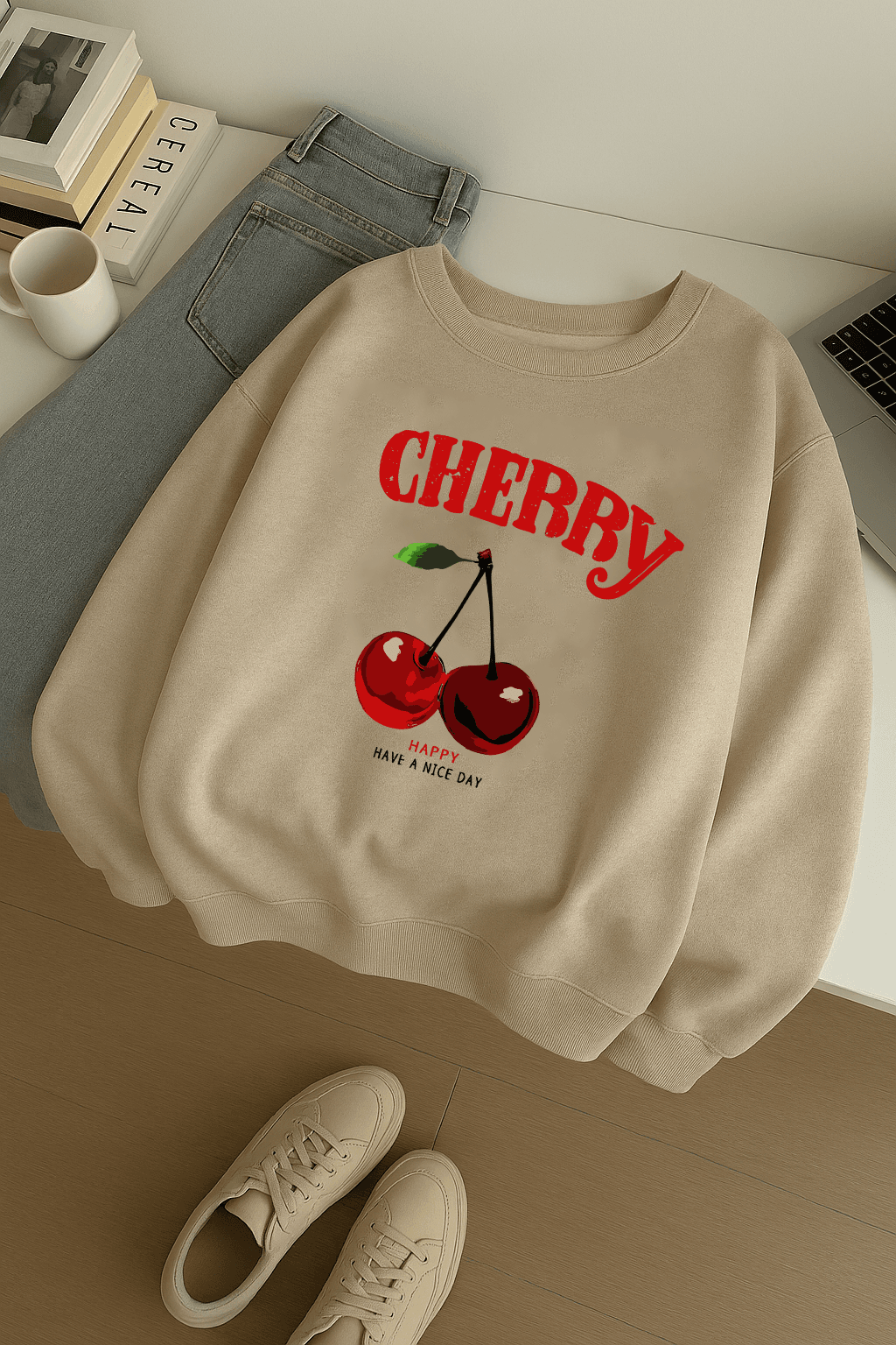 Unisex HappyCherry Tasarım Basklı Sweatshirt