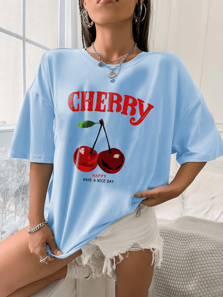 Unisex Happy Cherry Tasarım Basklı Tshirt
