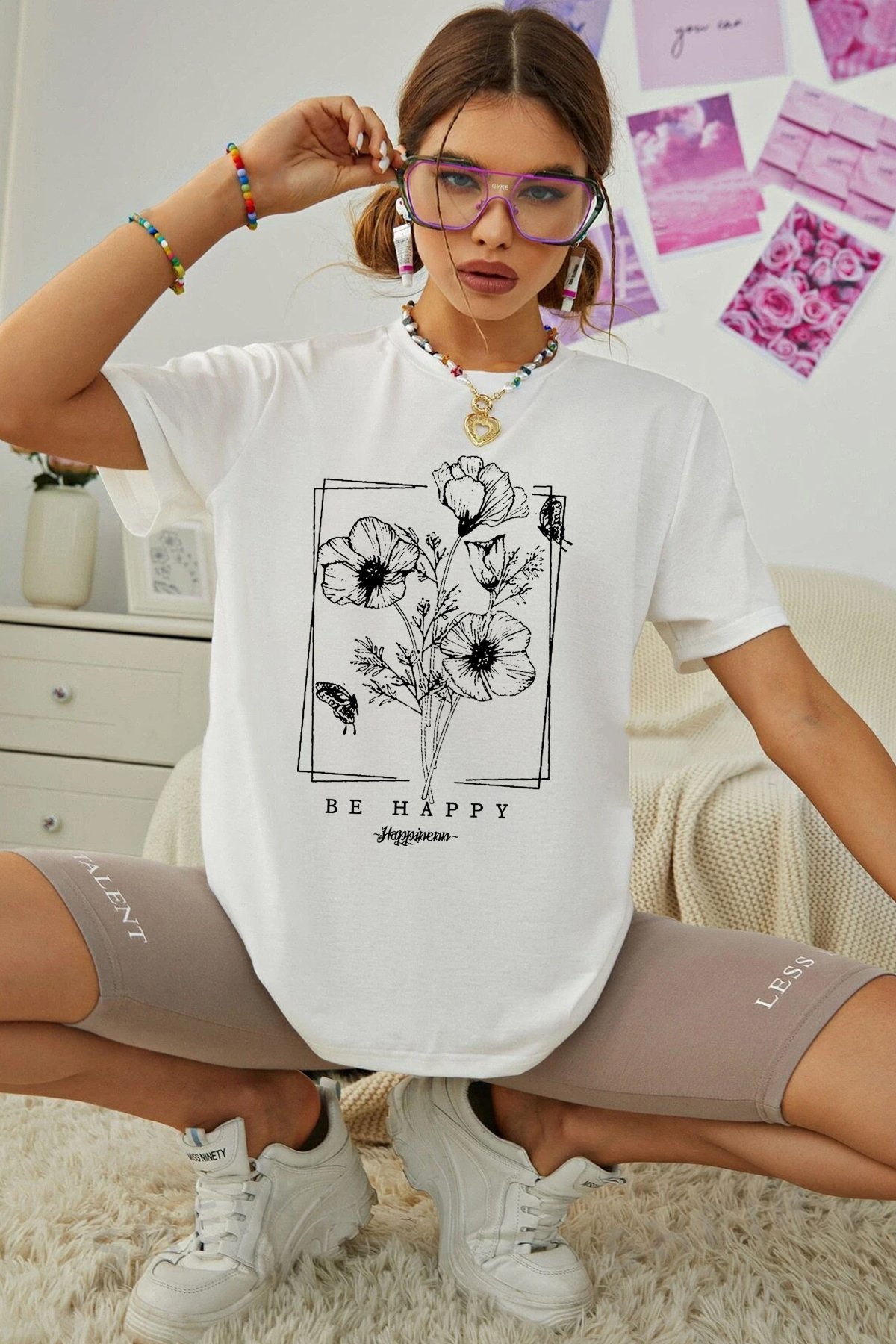 Unisex Be Happy Baskılı Oversize Tshirt