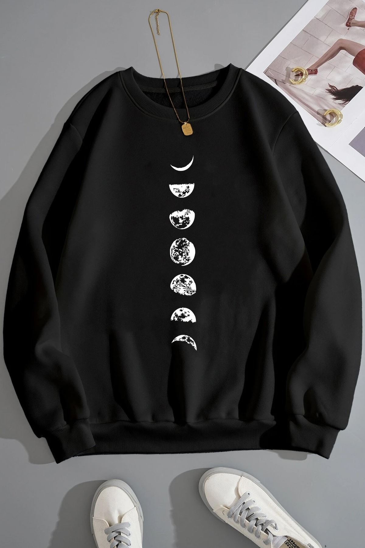 Unisex Moon Phases Bisiklet Yaka Sweatshirt