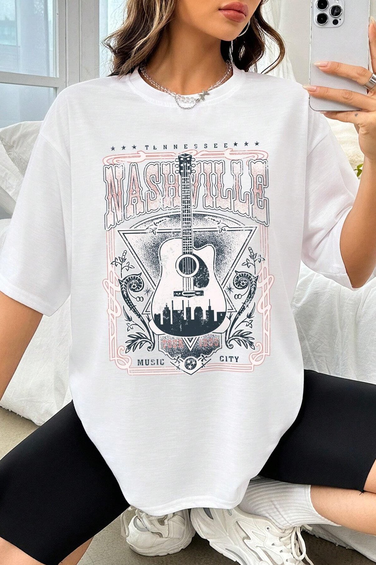 Unisex Music City Baskılı Oversize Tshirt