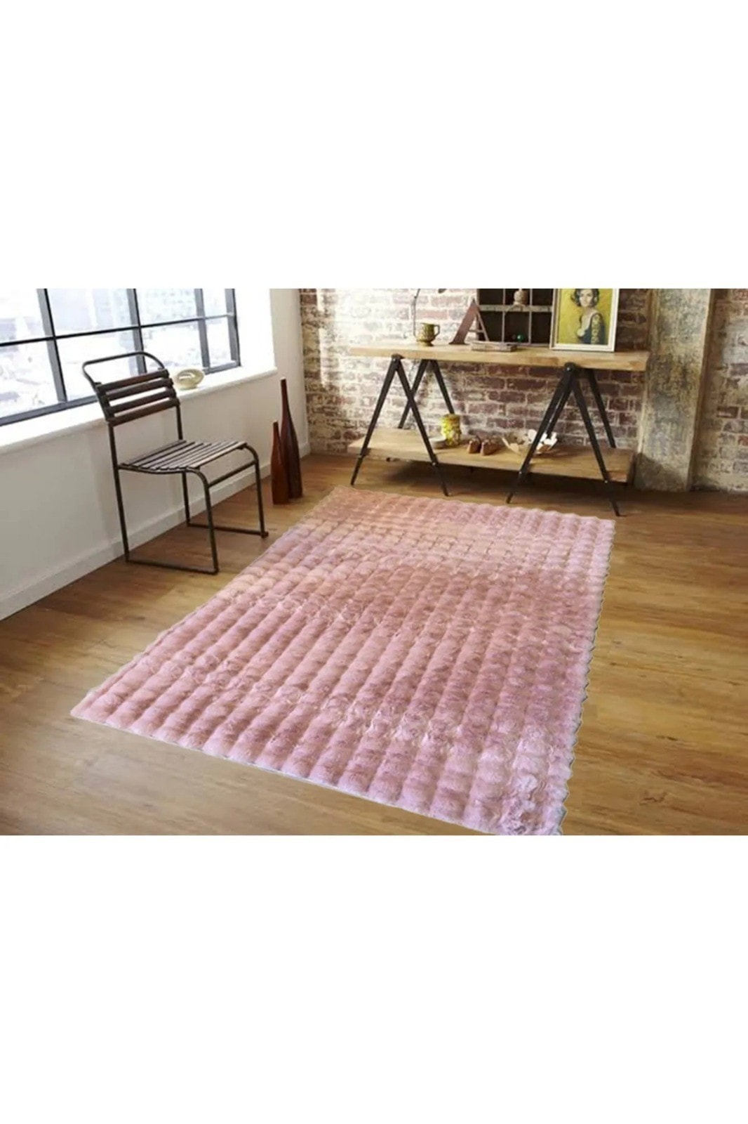 Bubble Yuvarlak Pembe Tavşan Tüyü Kaymaz Taban Peluş Halı