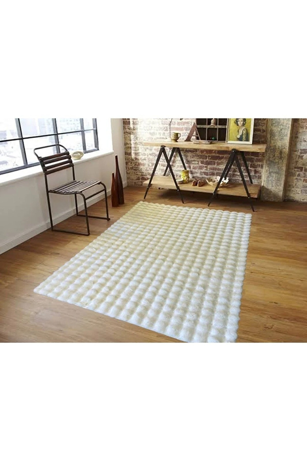 Bubble Beyaz Tavşan Tüyü Kaymaz Taban Kesme Peluş Halı