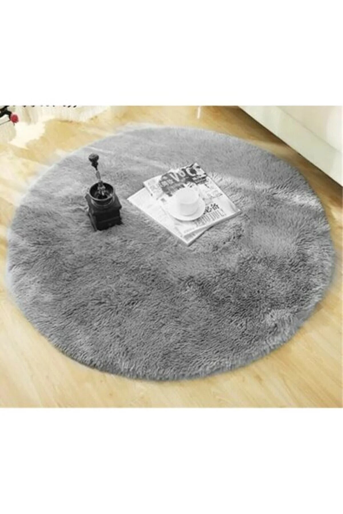 Yuvarlak Antrasit Peluş Pofuduk Kaydırmaz Jel Taban