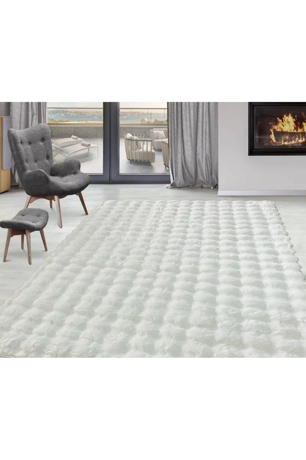 Bubble Yuvarlak Beyaz Tavşan Tüyü Kaymaz Taban Peluş Halı