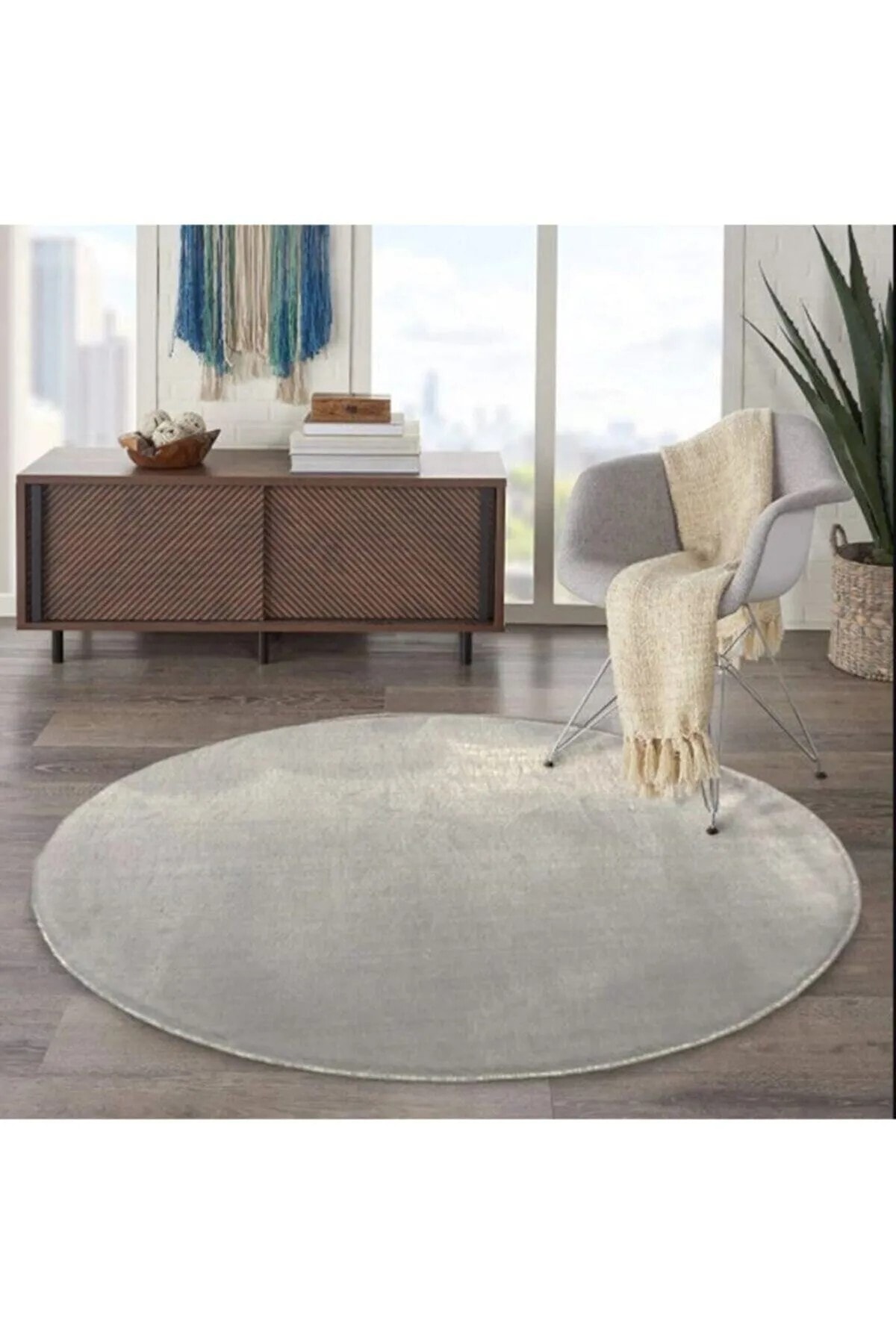 Yuvarlak Gri Peluş Pofuduk Kaydırmaz Jel Taban