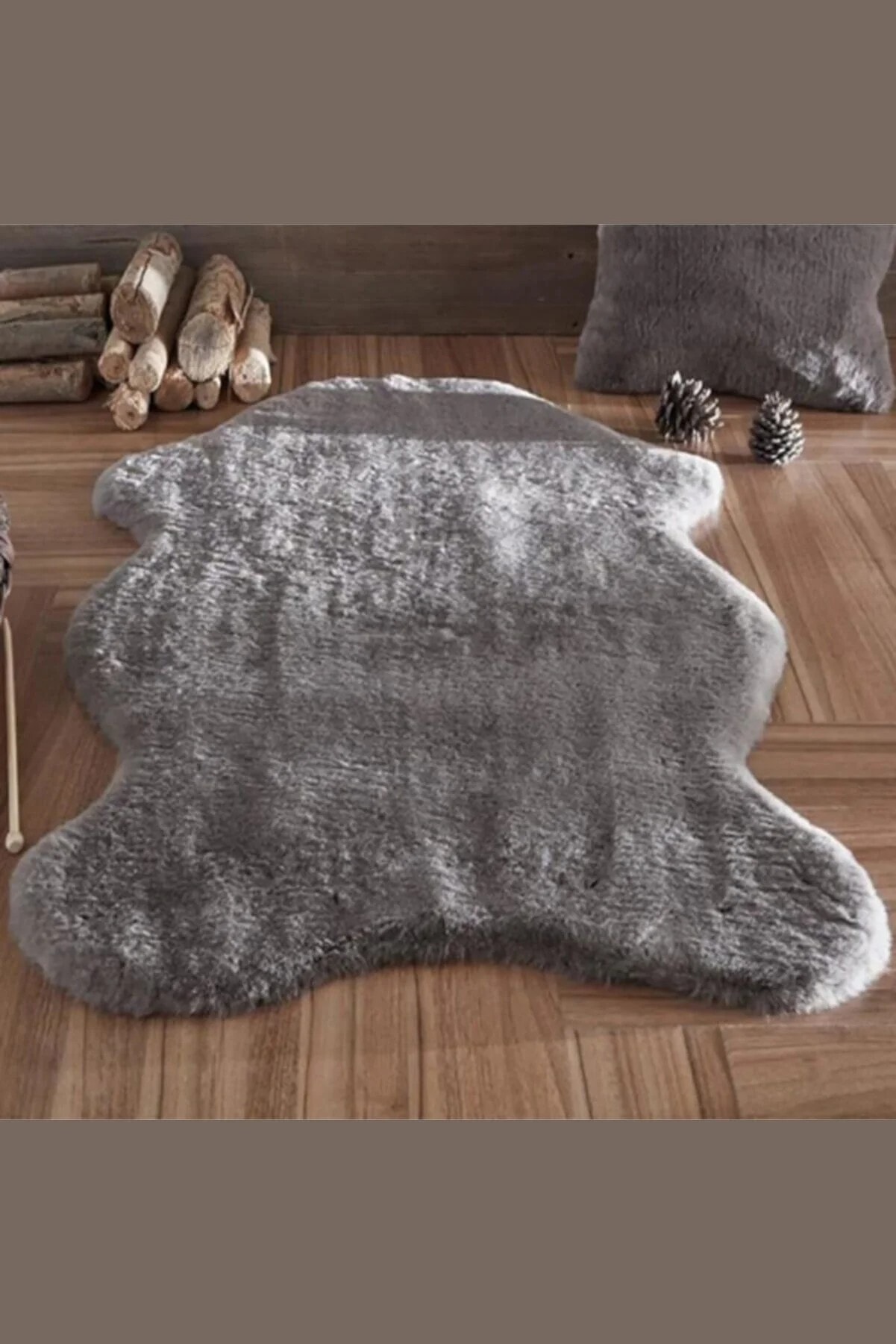 Peluş Post Halı Hayvan Postu Görünümlü Peluş Halı Antrasit