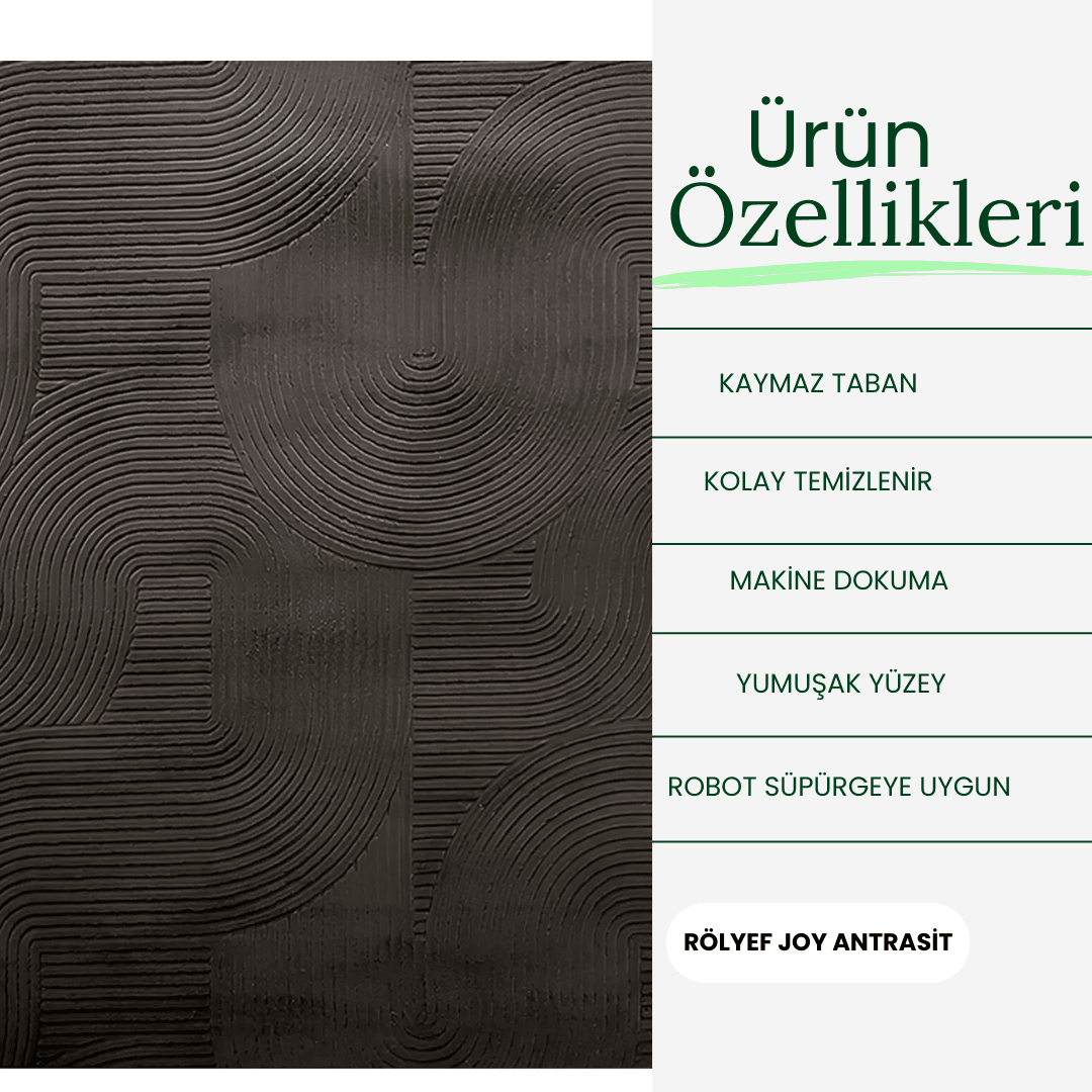 RÖLYEF RULO JOY ANTRASİT KAYMAZ TABAN KESME HALI YOLLUK