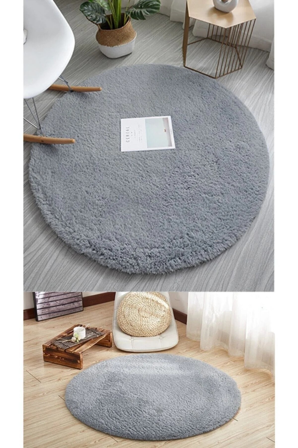 Yuvarlak Gri Peluş Pofuduk Kaydırmaz Jel Taban