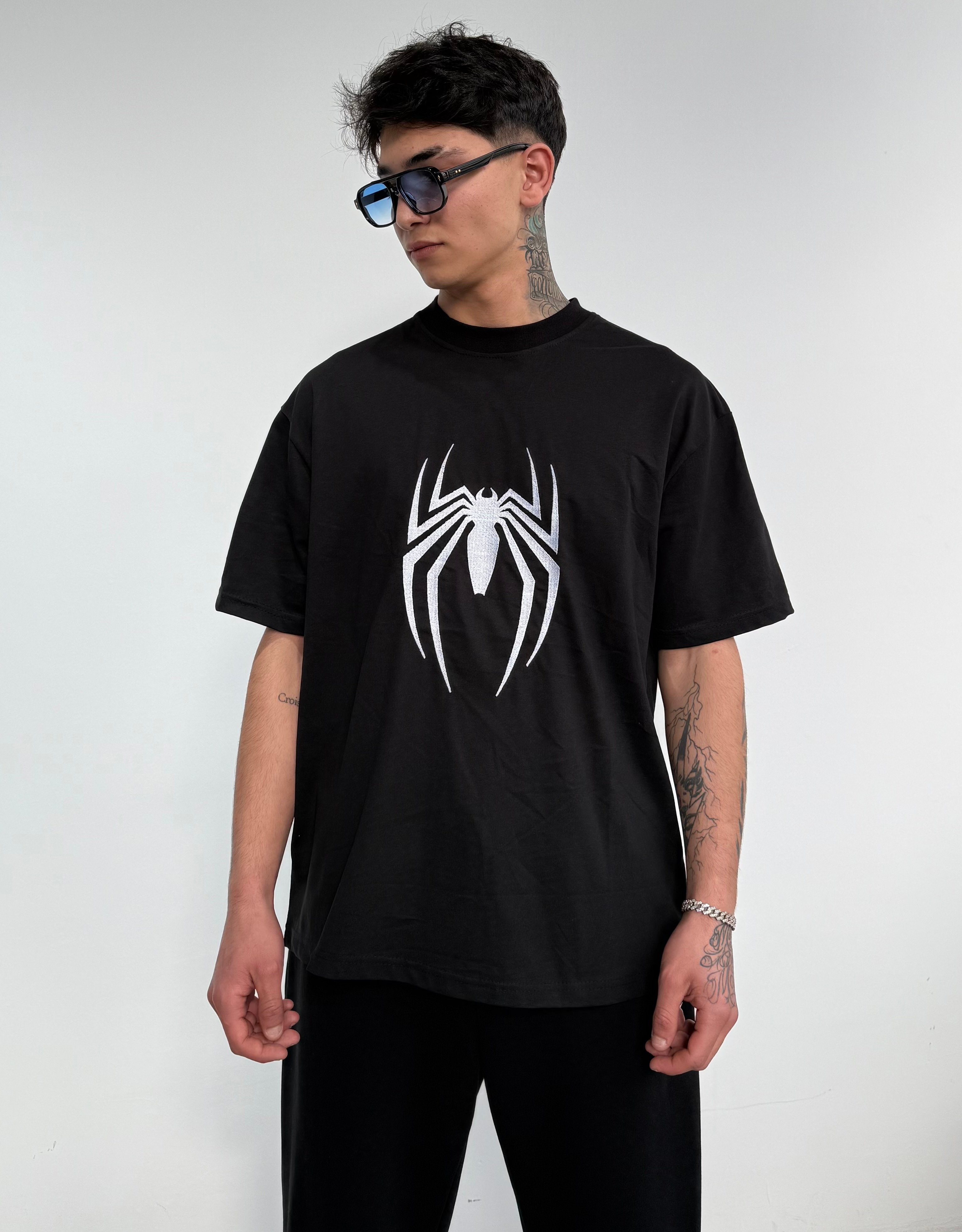 Spider Nakışlı Oversize Tişört - Siyah