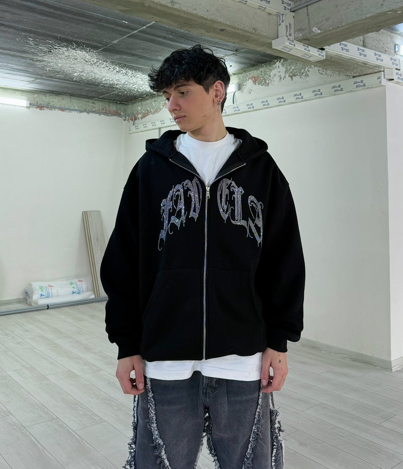 FV Taşlı Oversize Zipp Hoodie - Siyah