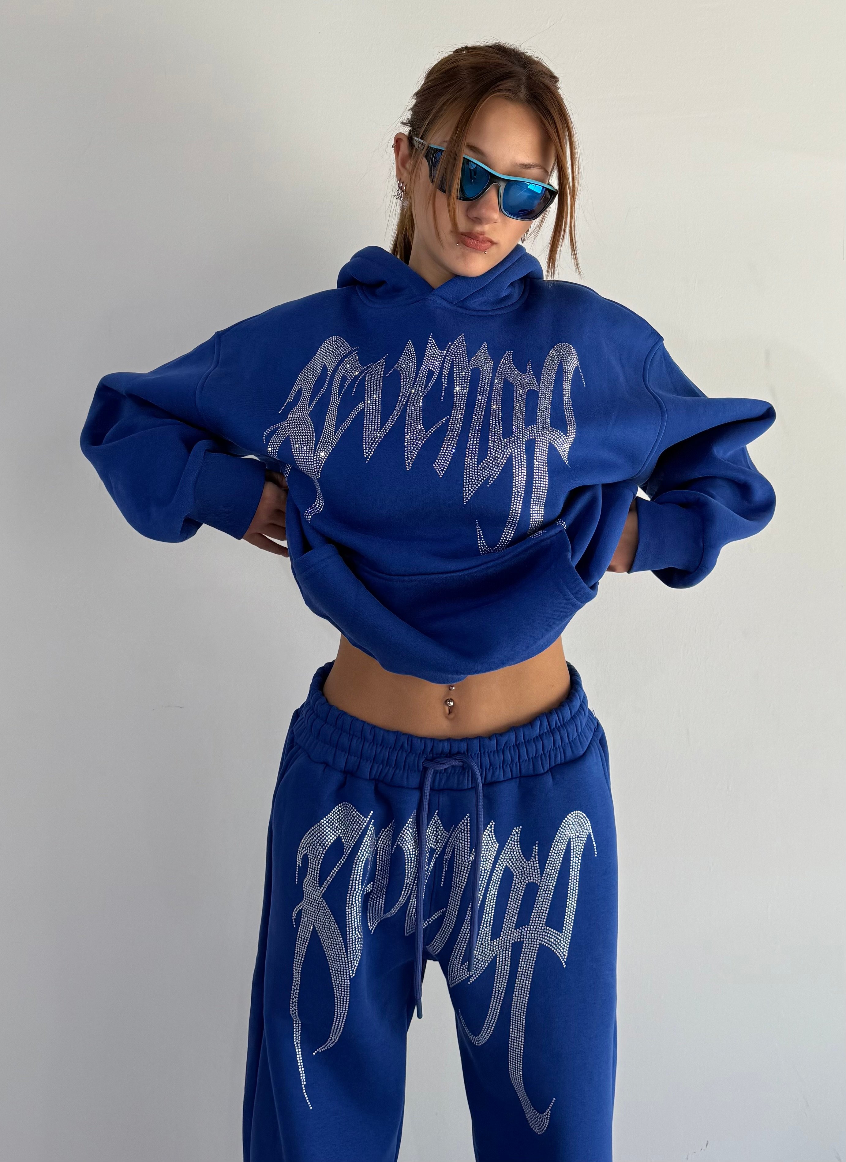 REVENGE taşlı Oversize Sweatshirt - Saks Mavi