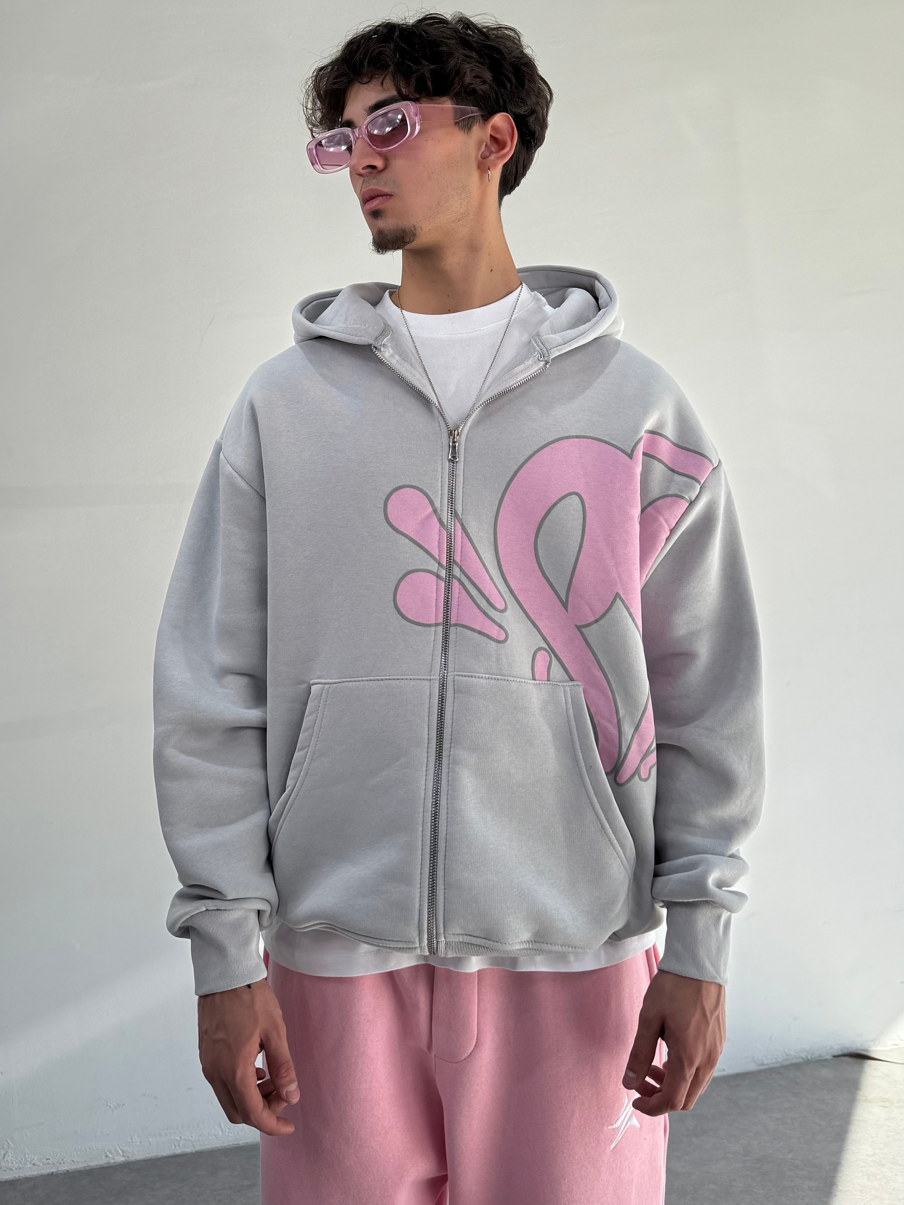 S Baskılı Oversize Zipp Hoodie  - Gri